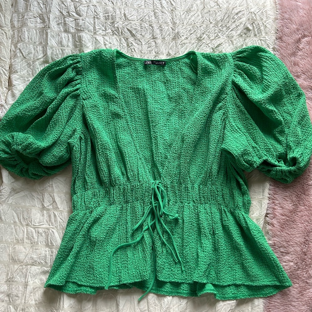 Zara Vibrant Green Textured Blouse